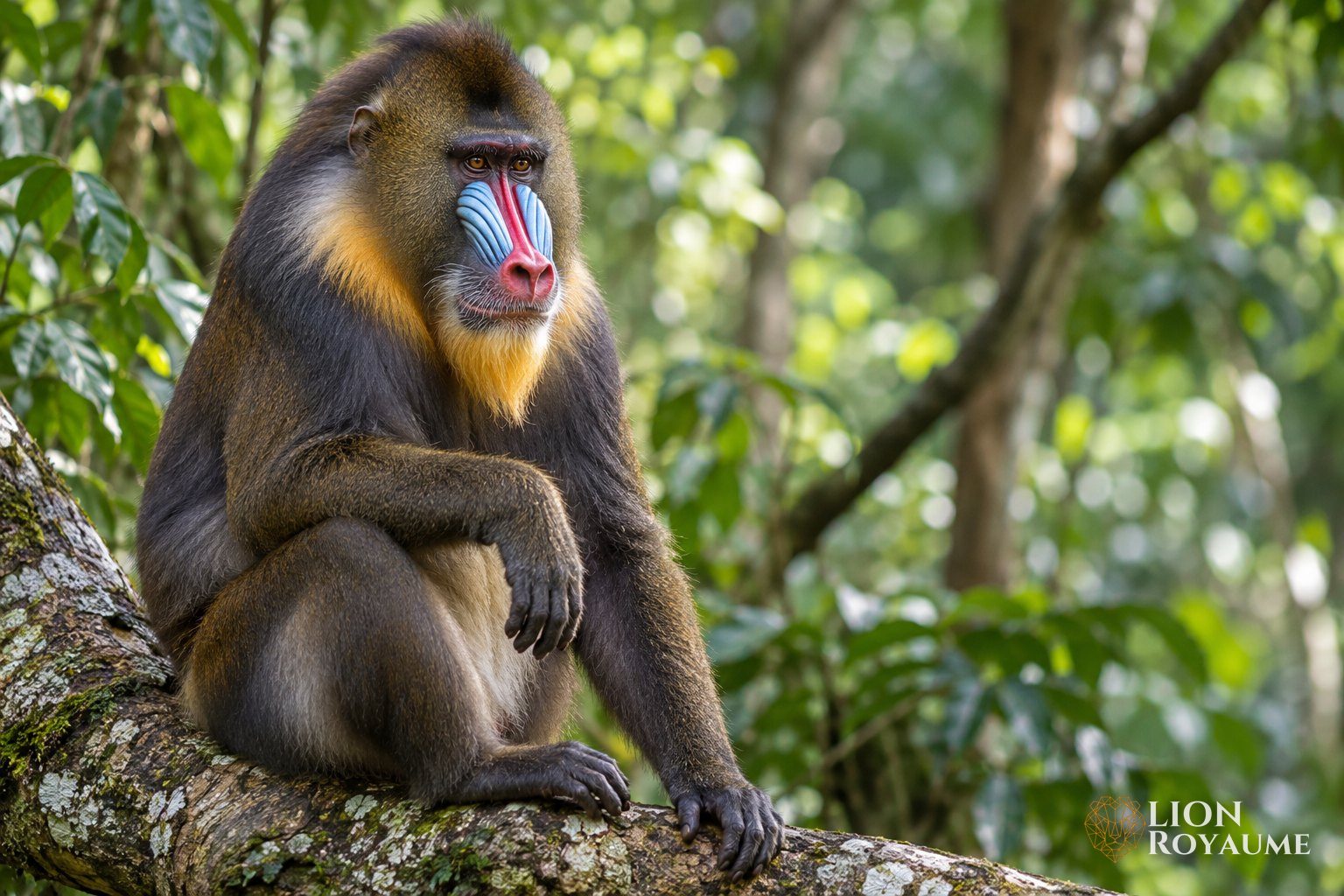 Mandrill mâle au museau rouge et aux joues bleues assis sur une branche