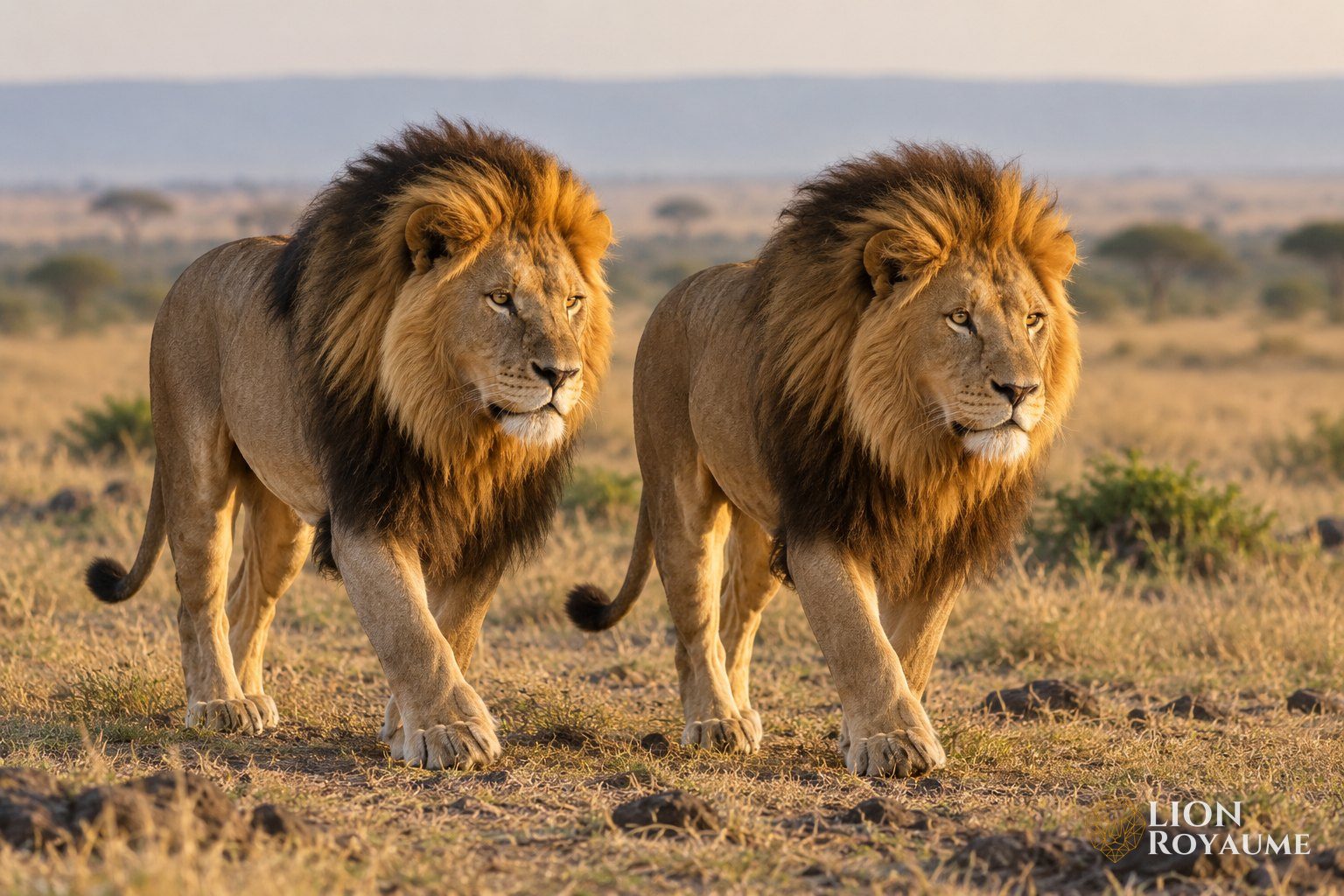 Deux lions mâles à la crinière fournie marchant côte à côte dans la plaine sèche