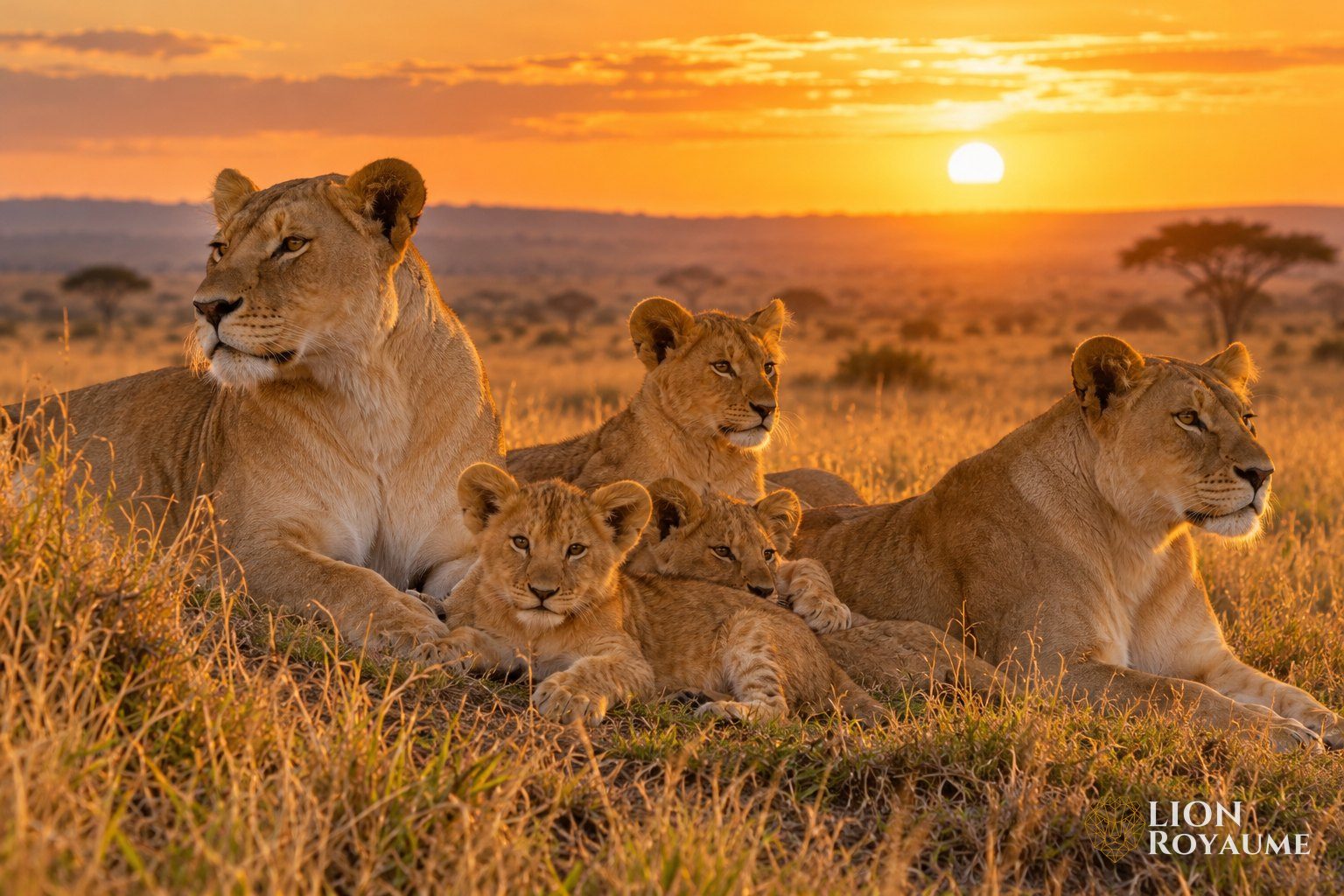 Lionnes et lionceaux au repos ensemble dans l'herbe dorée de la savane