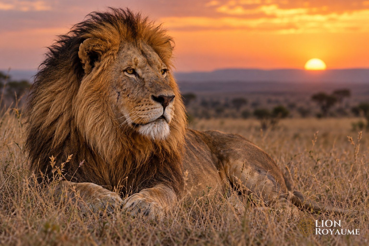 Vieux lion mâle au visage marqué, couché dans l'herbe sèche de la savane