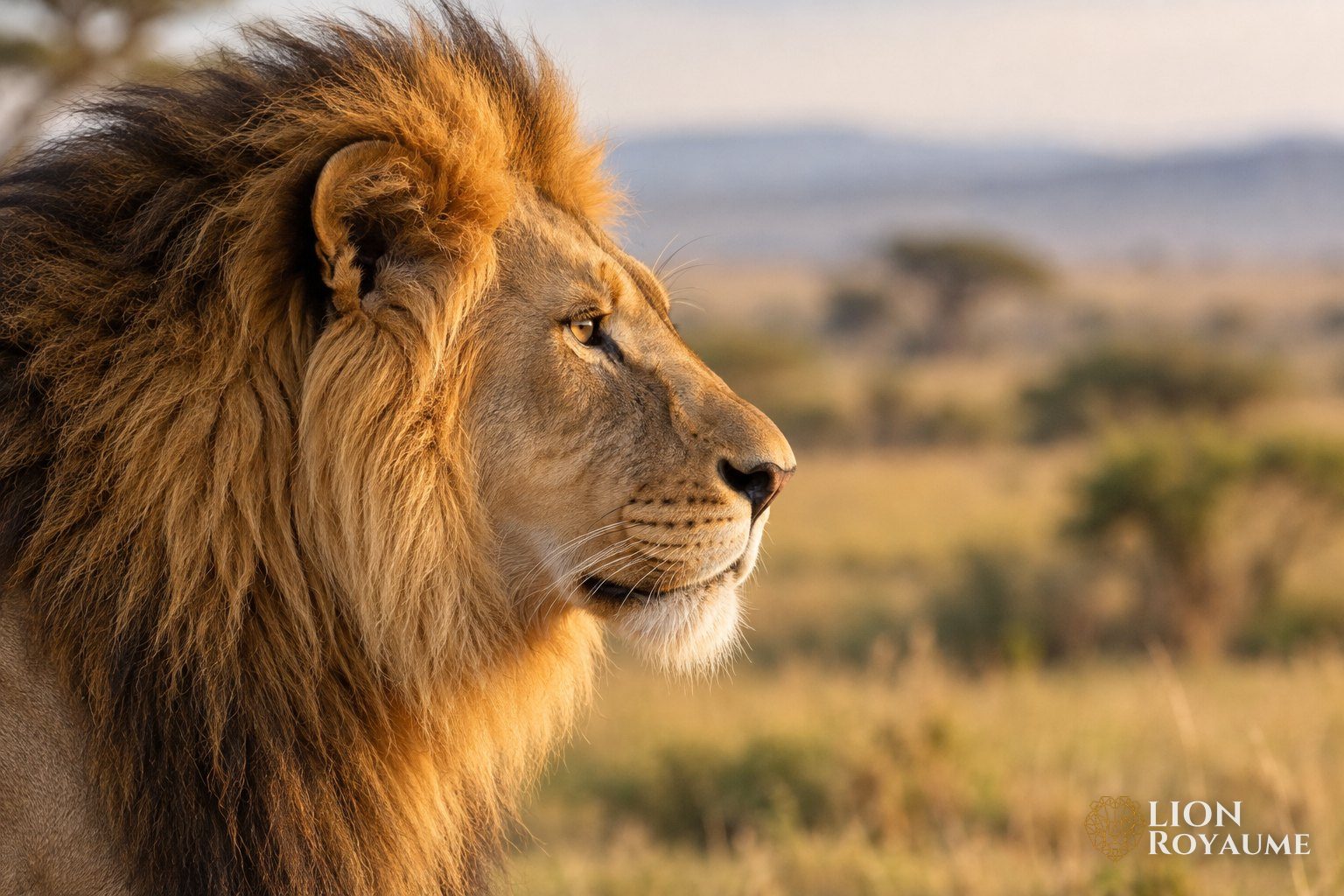 Profil d'une tête de lion adulte montrant son museau court et sa mâchoire puissante