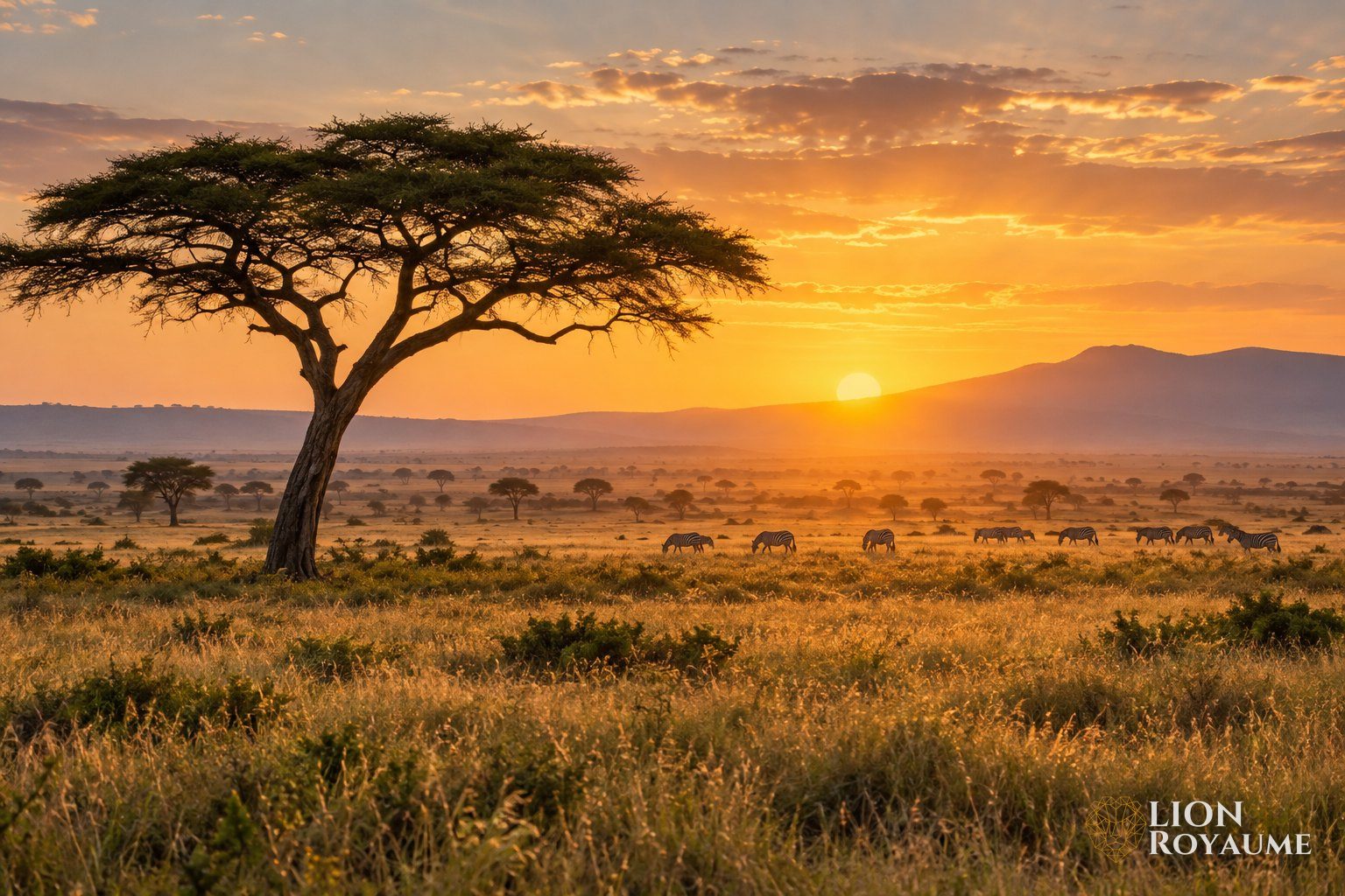 Savane africaine au lever du soleil avec un acacia isolé et des zèbres au loin