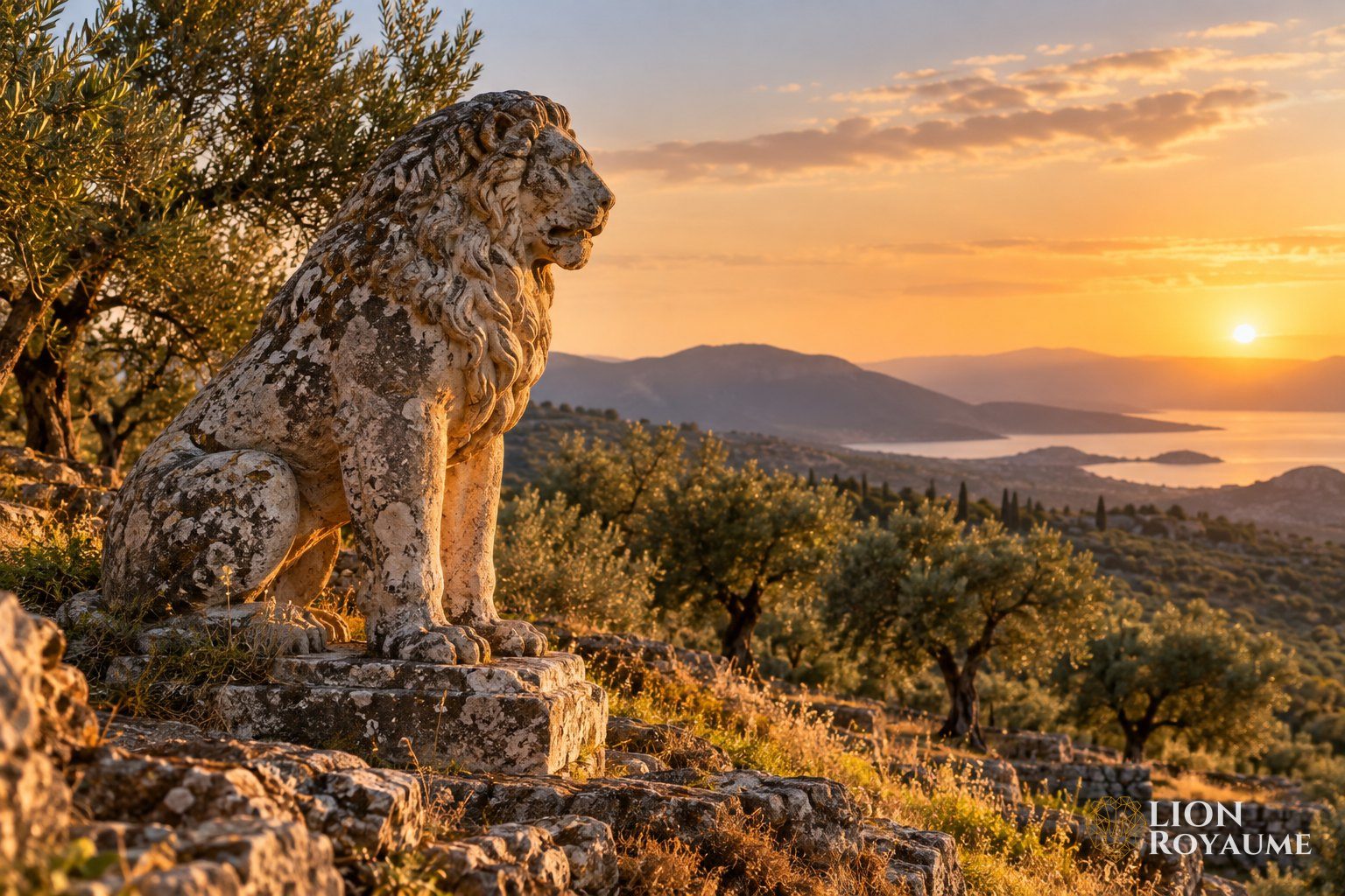 Sculpture ancienne d'un lion en pierre sur une colline de Grèce au soleil couchant