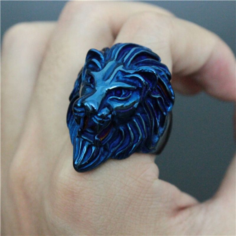 Bague Acier Inoxydable Tête de Lion bleue
