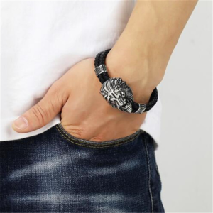 Bracelet en Cuir Lion Noir