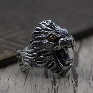 Grosse Bague Argent Ciselée Tête de Lion
