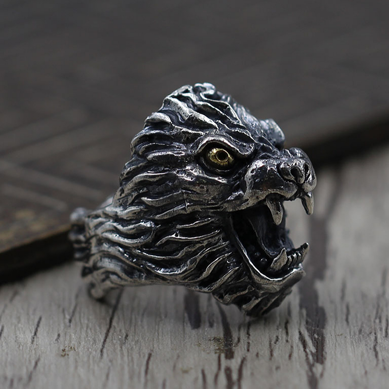 Grosse Bague Argent Ciselée Tête de Lion