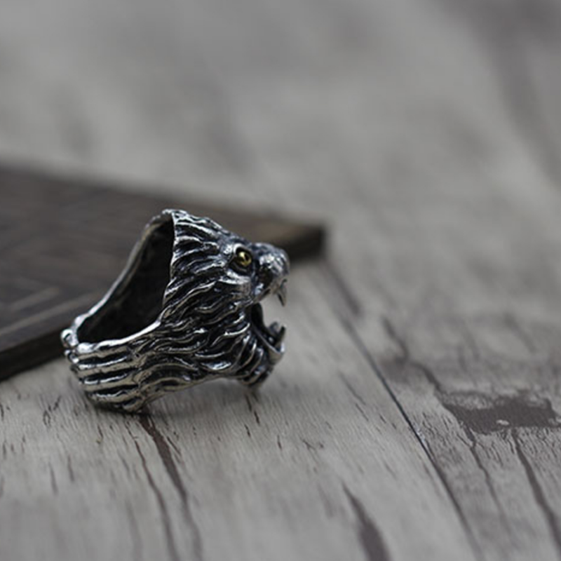 Grosse Bague réglable en Argent Ciselée Tête de Lion