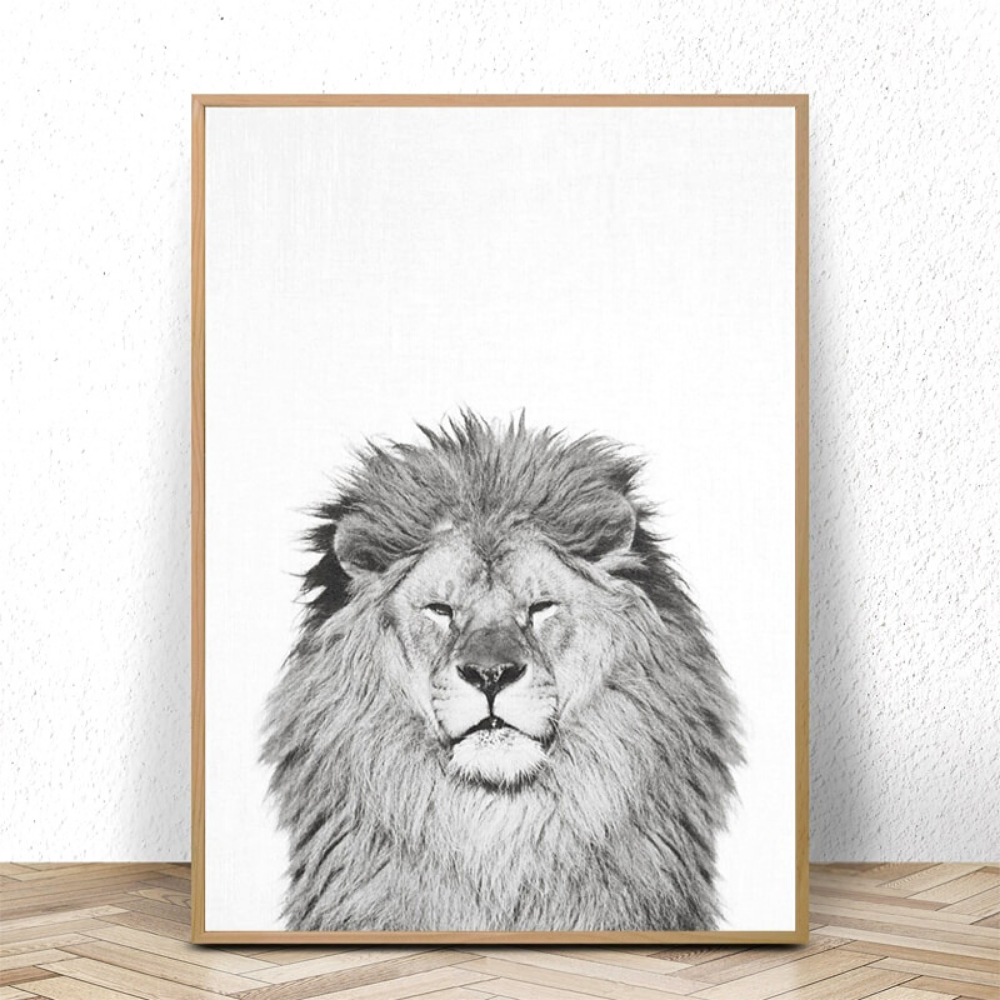 Cadre lion portrait noir et blanc.
