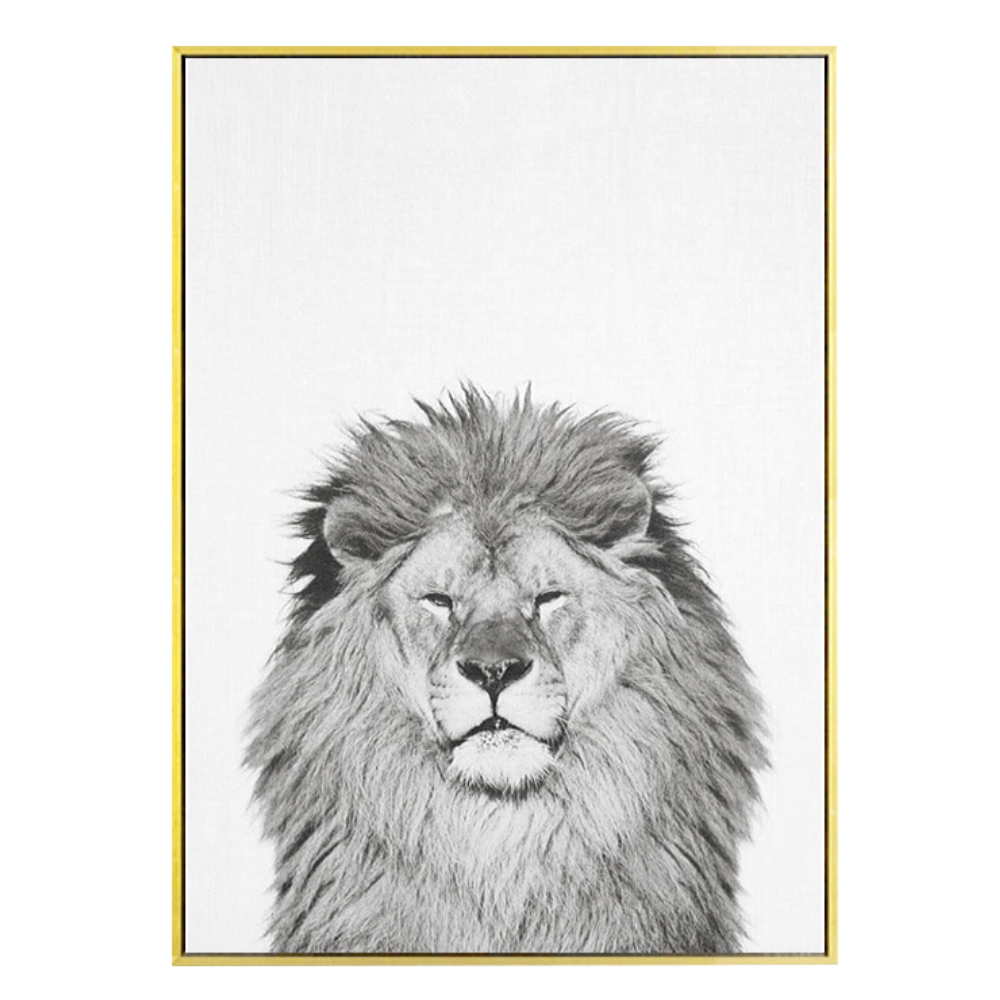 Cadre tête de lion en noir et blanc.