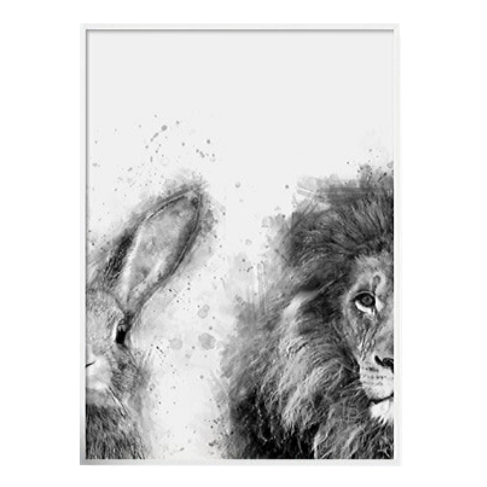 Cadre lion et lapin noir et blanc.