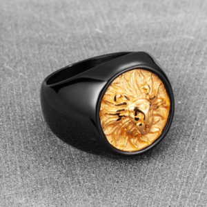 Bague noire Chevalière Homme Tête Lion