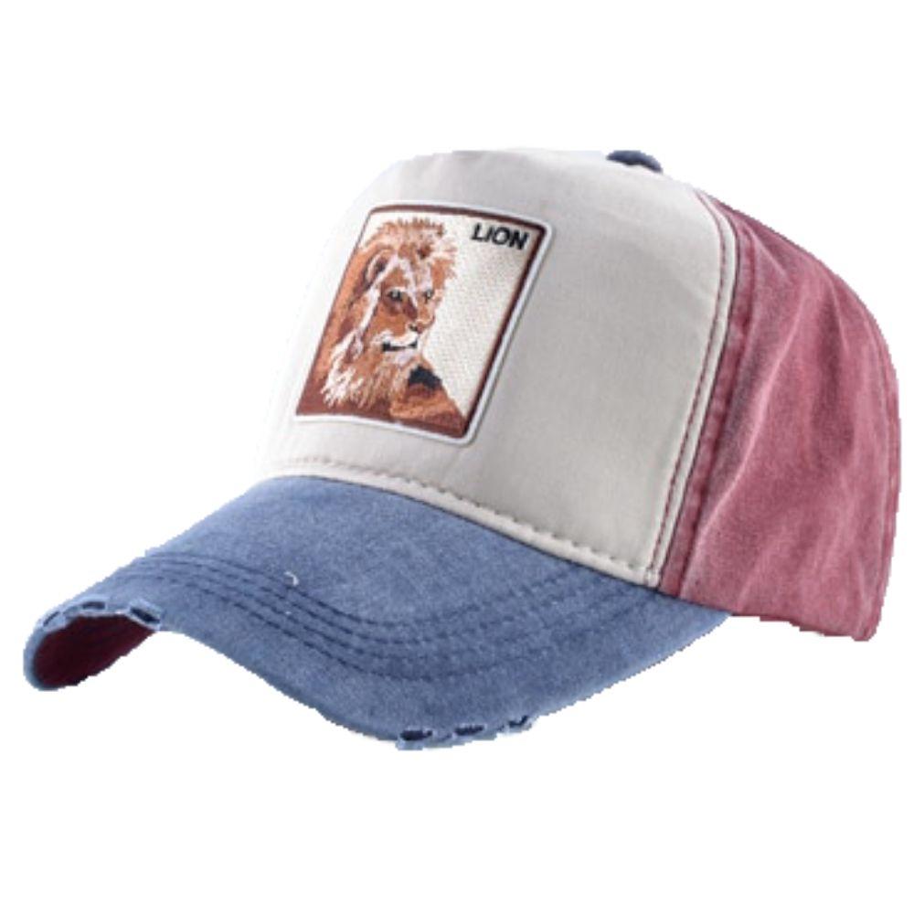 Casquette animaux lion rouge et bleue.