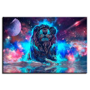 Tableau lion rouge et bleu.