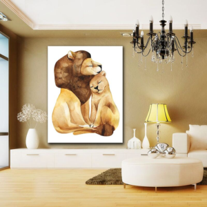 Belle toile de décoration avec dessin lion et lionne.