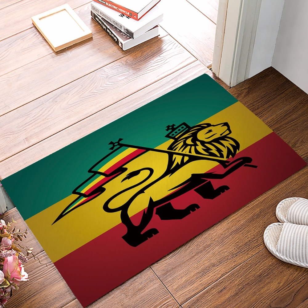 Tapis lion couleurs rasta.