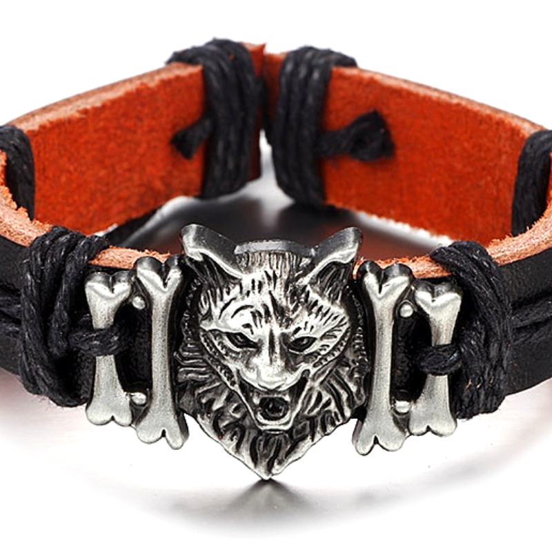 Bracelet en Cuir Tête de Lion de Protection Homme