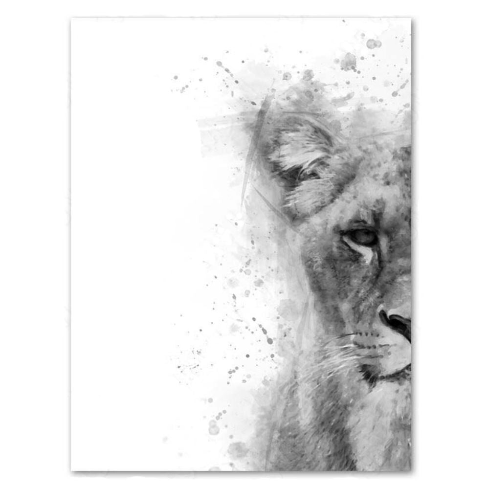 Poster Lionne Demi Portrait Noir et Blanc