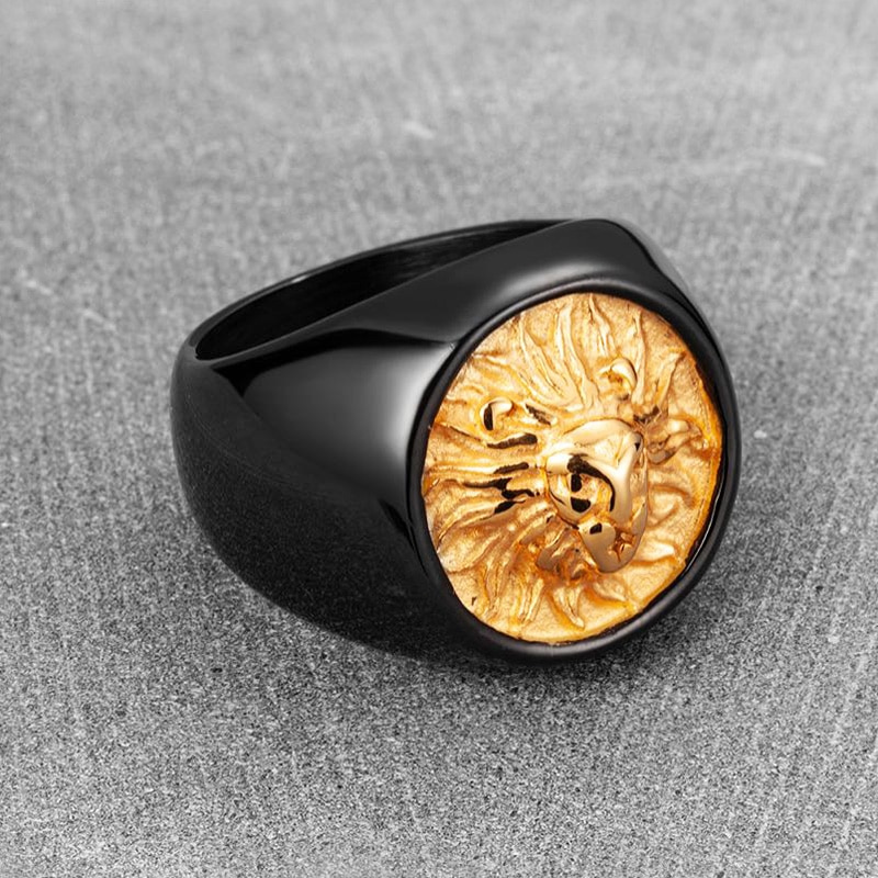 Bague noire Chevalière Homme Tête Lion