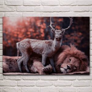 Tableau Lion et Cerf mur en pierre