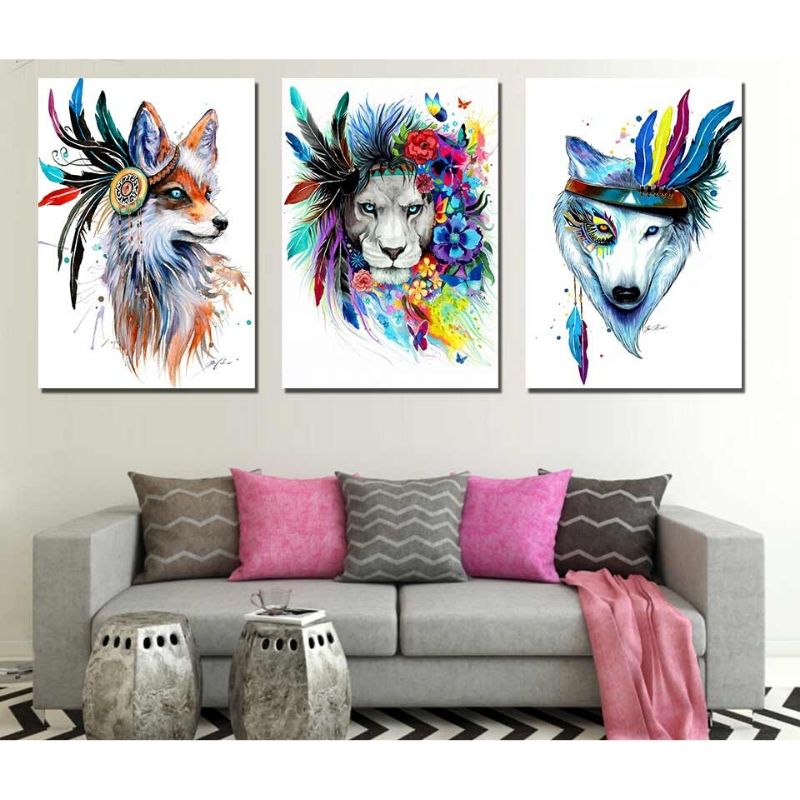 Peinture tête de lion en couleur sur toile murale