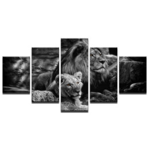 Tableau 5 Panneaux Lion Lionne photographie couple de lions