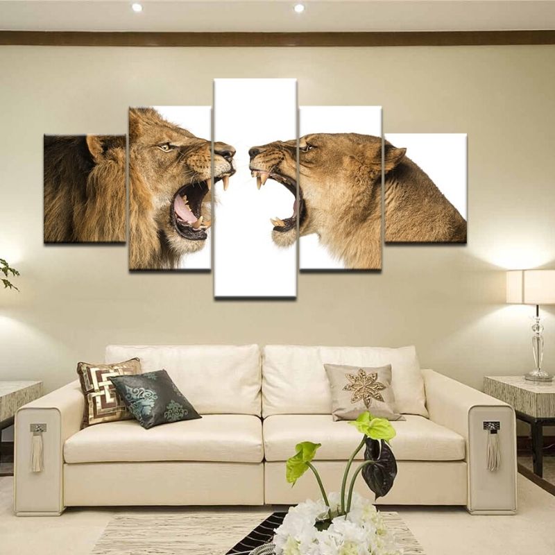Tableau Lion et Lionne Combat décoration d'intérieur esprit sauvage