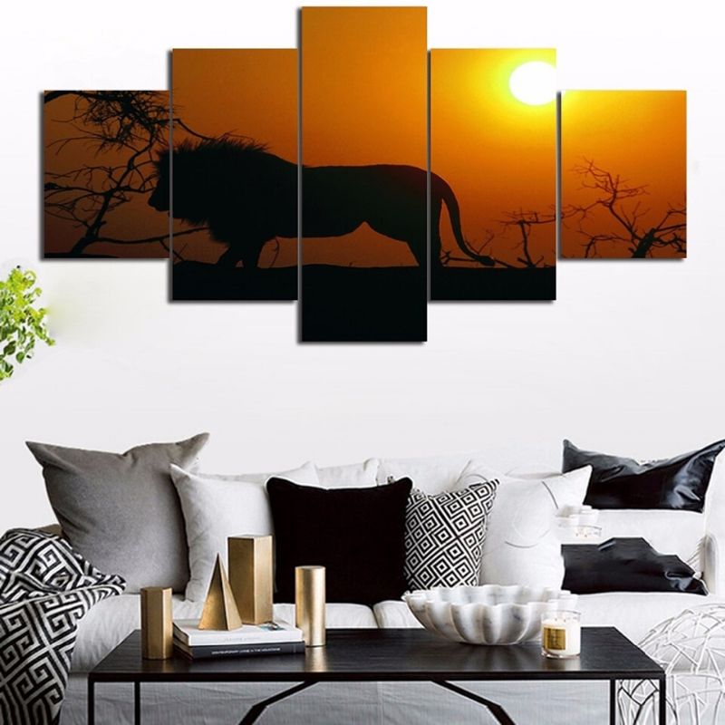 Tableau Lion Artifice coucher de soleil