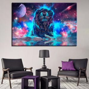 Tableau lion multicolore.