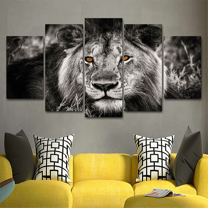 Tableau lion 5 pièces décoration salon.