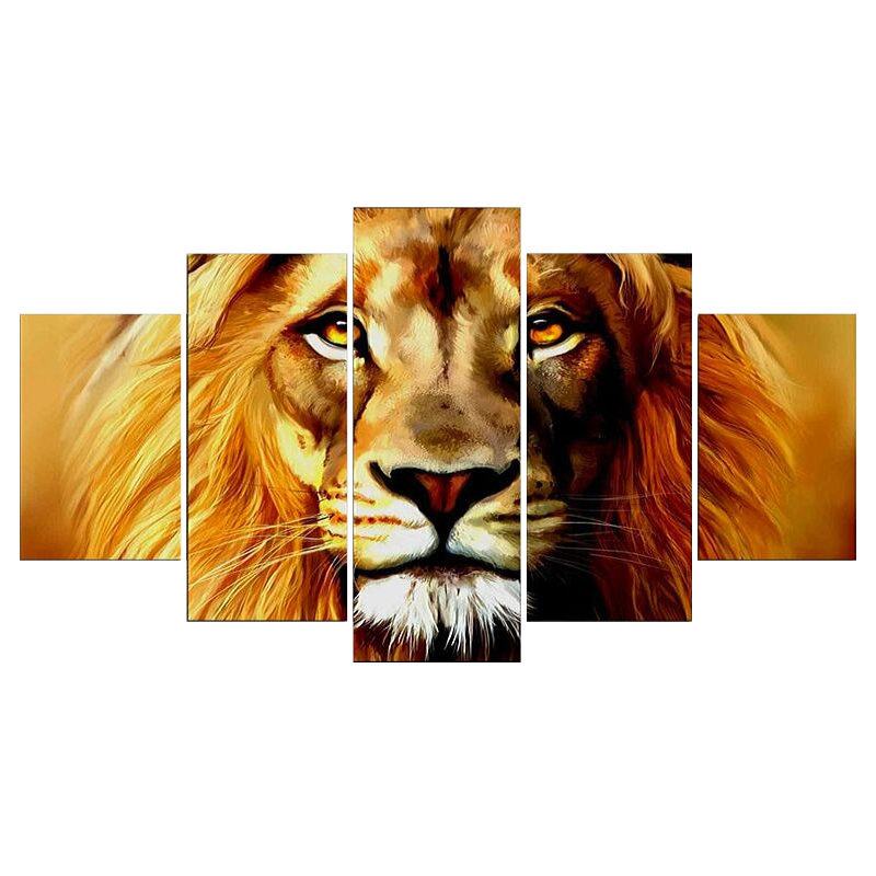 Toile 5 pièces tête de lion orange.