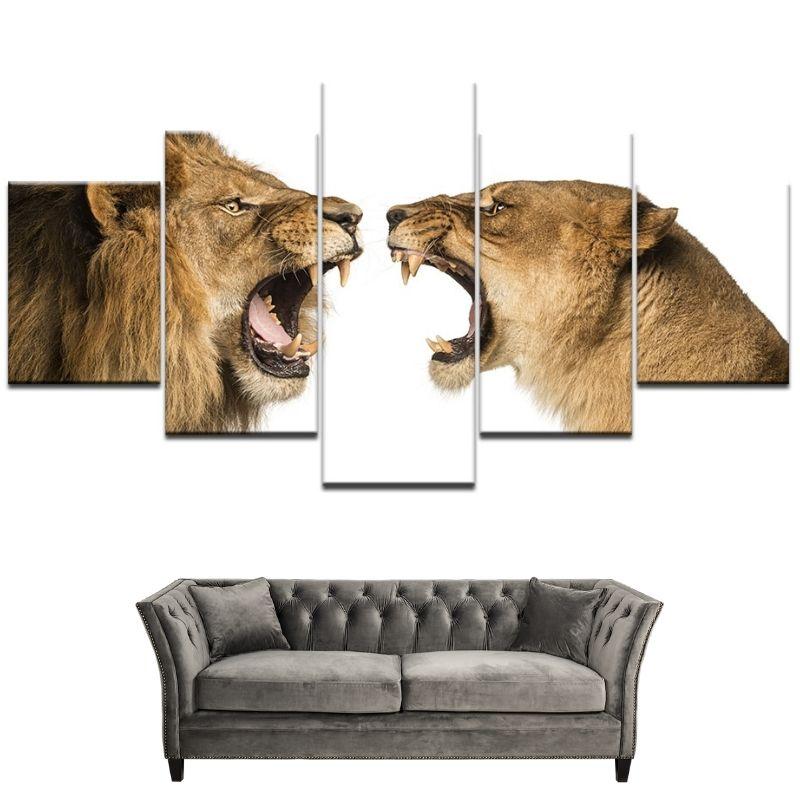 Tableau Lion et Lionne Combat
