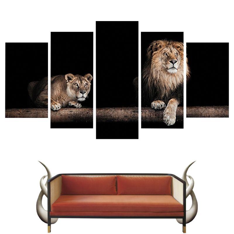 Tableau Lion Lionne 5 Pièces