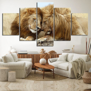 Toile lion et lionne dans la savane.