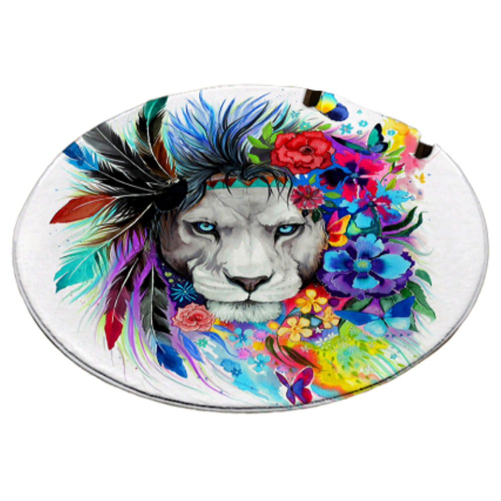 Tapis rond lion fleures colorees.