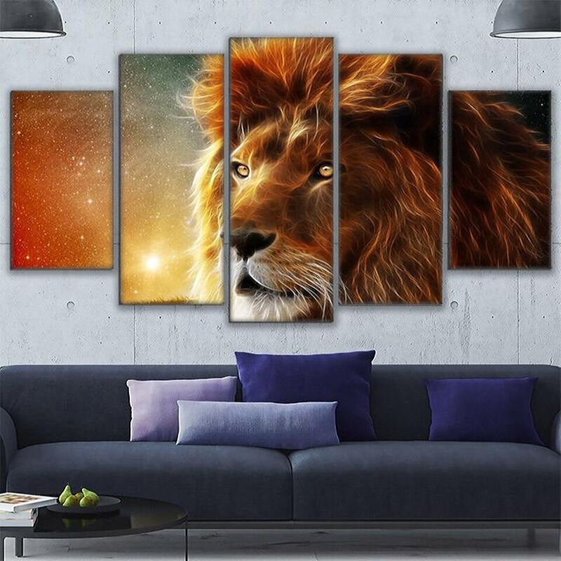 Toile tête de lion en couleurs.
