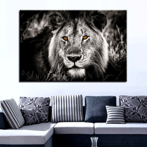 Lion noir et blanc en tableau.