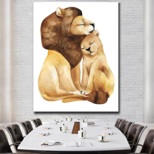 Toile Lion et Lionne dans salle a manger.