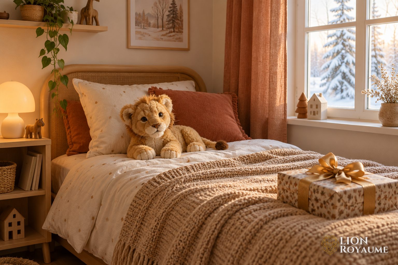 Chambre d'enfant en hiver avec une peluche de lionceau sur l'oreiller et un cadeau au pied du lit