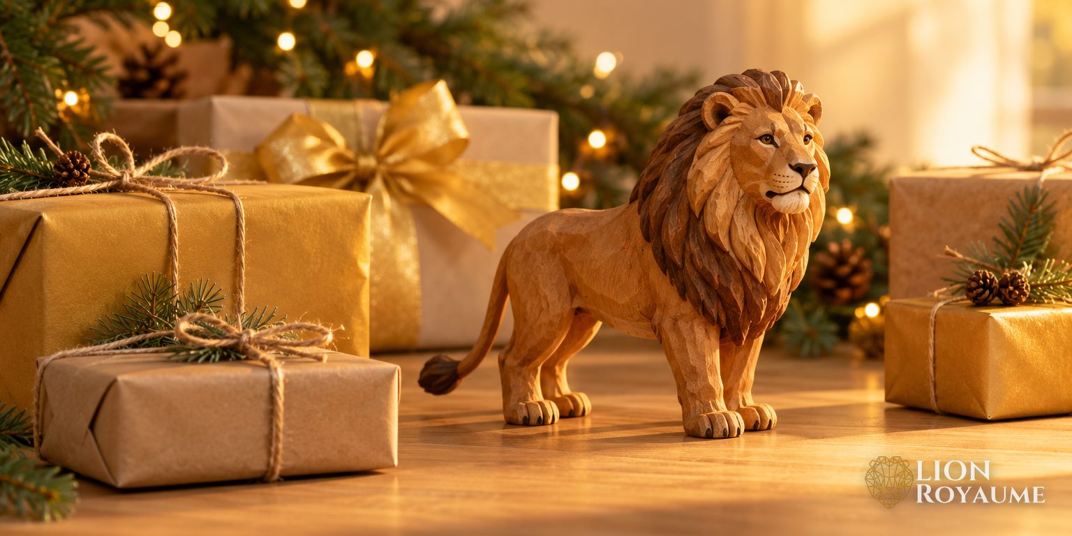 Paquets cadeaux en papier kraft et doré autour d'une figurine de lion en bois sculpté