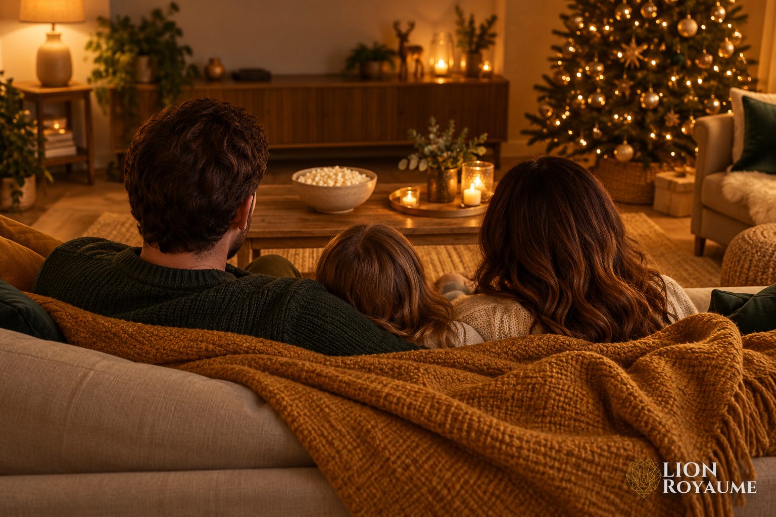 Famille vue de dos sur un canapé sous un plaid ocre, soirée d'hiver près du sapin de Noël