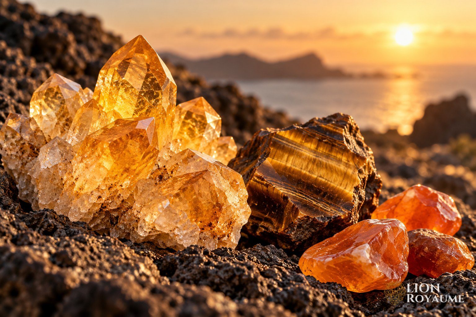 Cristaux de citrine, œil-de-tigre brut et cornaline orange posés sur une roche sombre