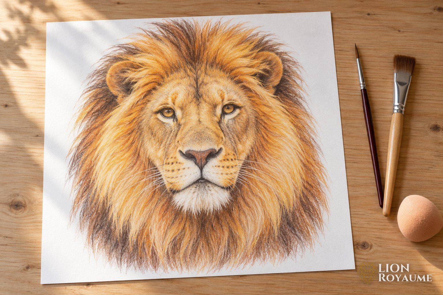 Croquis d'un visage de lion colorié au crayon, posé près de pinceaux et d'une éponge