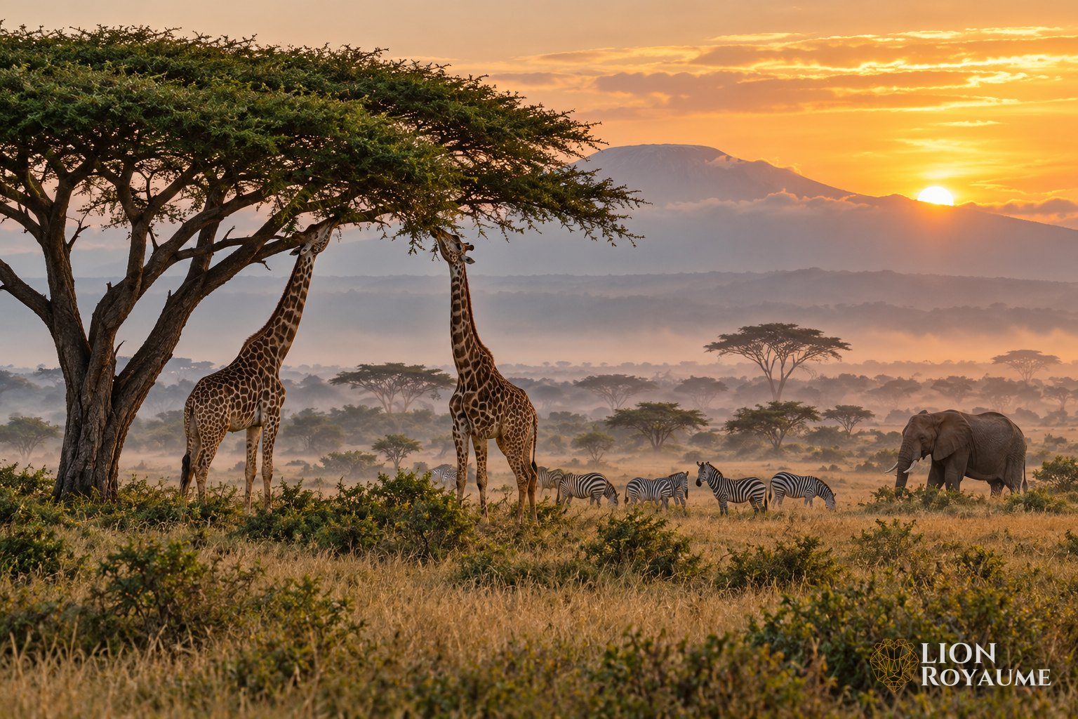 Girafes, zèbres et éléphant dans la brume matinale de la savane, sous des acacias