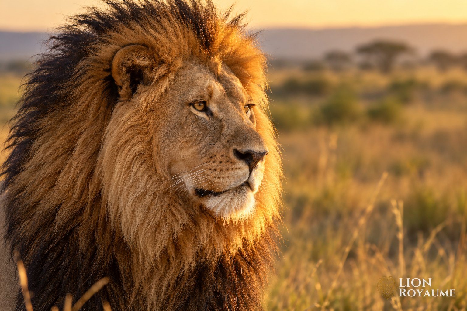 Gros plan sur la crinière épaisse d'un lion mâle dans la lumière dorée de la savane