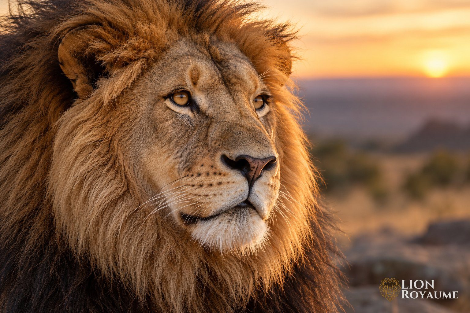 Gros plan sur le visage d'un lion adulte à la crinière fauve, museau clair et points sombres