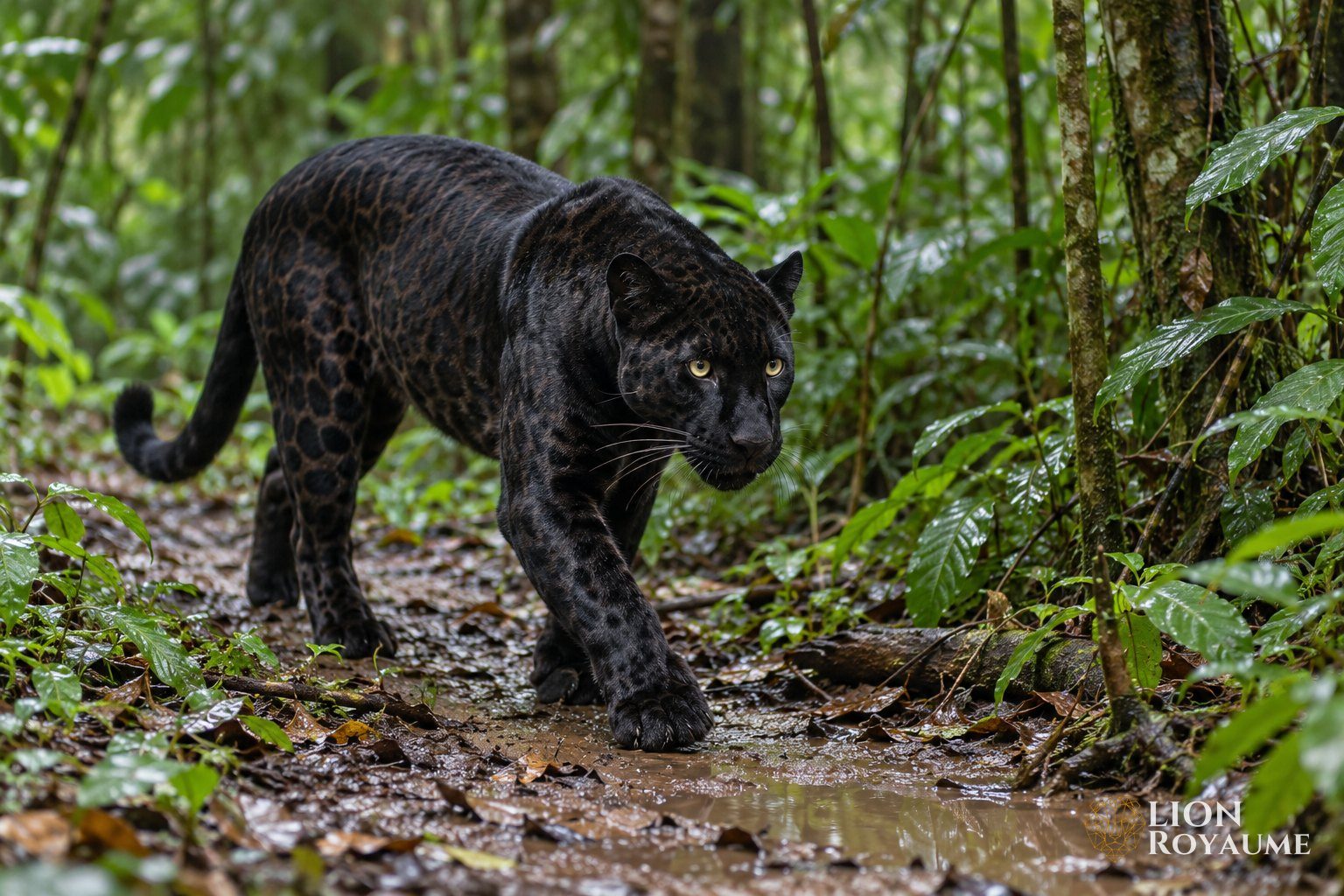 Léopard noir, ou panthère noire, marchant sur un sentier de forêt tropicale