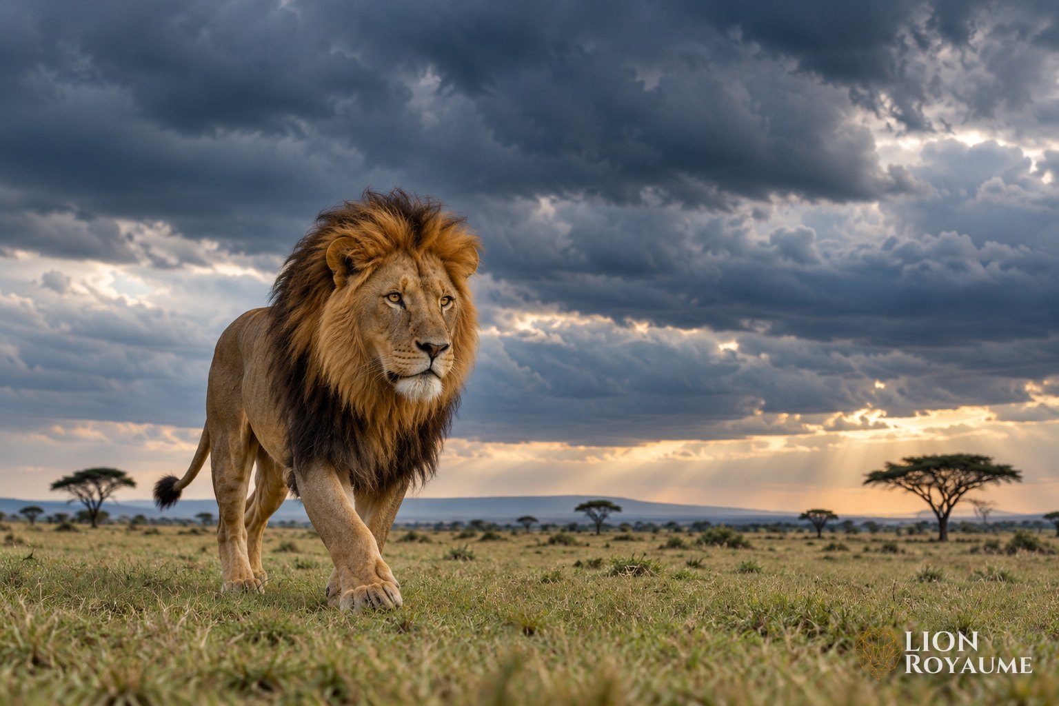 Lion mâle marchant dans une plaine herbeuse ouverte sous un grand ciel orageux