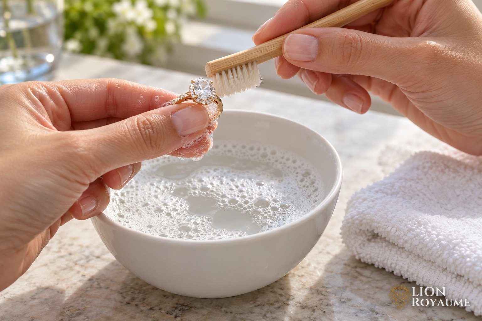 Main nettoyant une bague ornée d'une pierre avec une brosse souple au-dessus d'un bol d'eau savonneuse