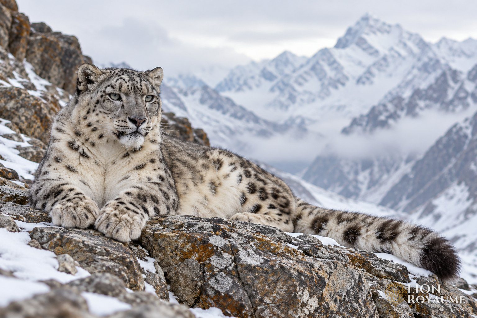 Panthère des neiges au pelage gris clair tacheté, couchée sur une corniche rocheuse enneigée
